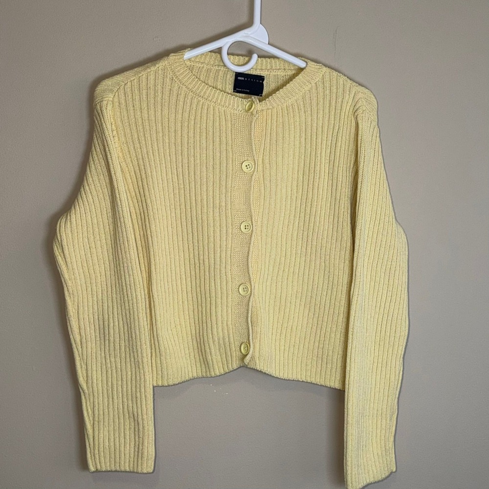 ASOS Yellow Neat Fit Ribbed Knit Cardigan Cropped Cottagecore Coquette Sweater M